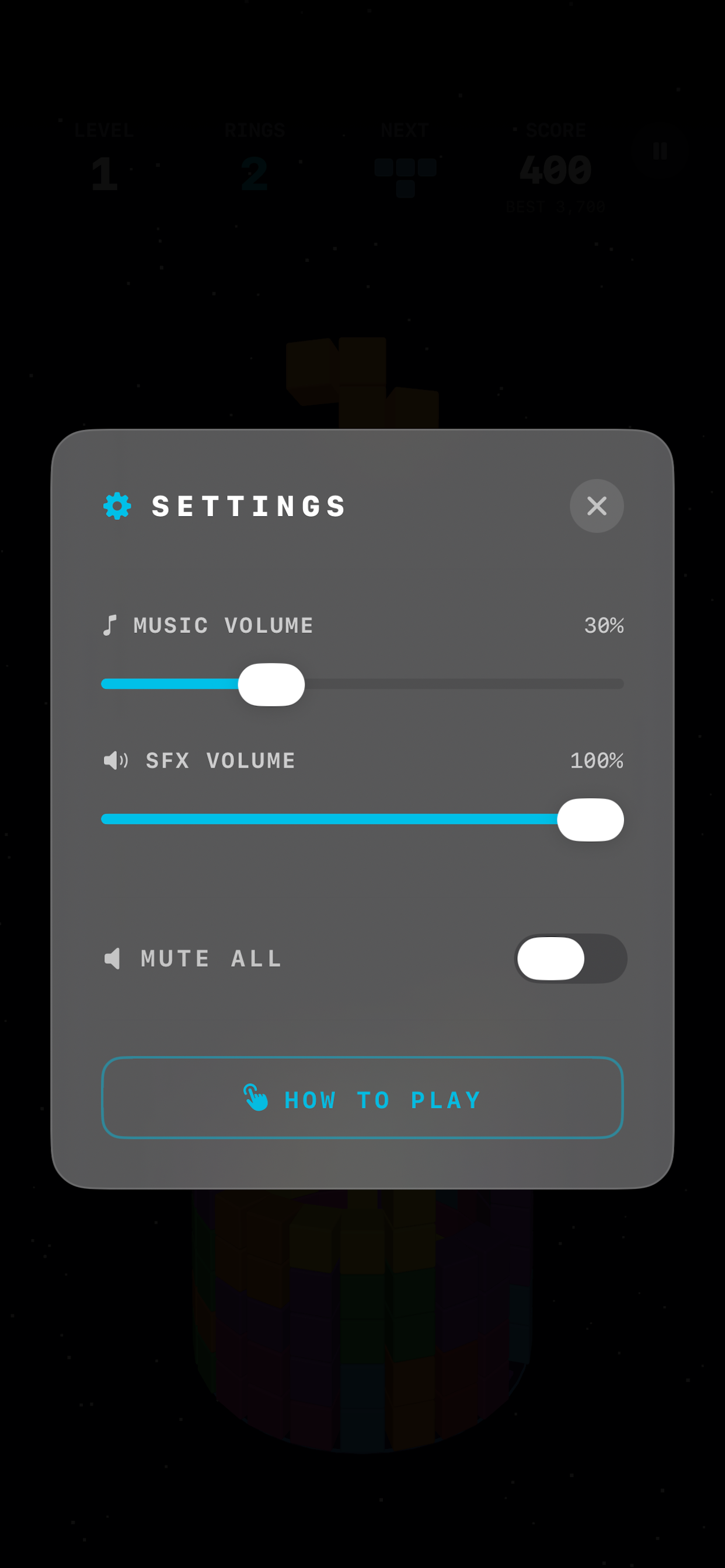 Ring Blast 3D settings screen